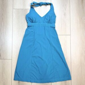 Athleta Halter Blue A-Line Summer Dress Size 6 Built-In Bra Stretch Travel‎